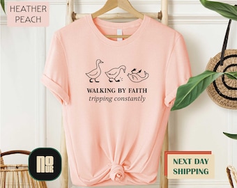 Walking by Faith Tripping Constantly Shirt, Funny Christian Tee, Faith Graphic T-Shirt for Women, Bible Verse Goose Sweater, Religious Tee