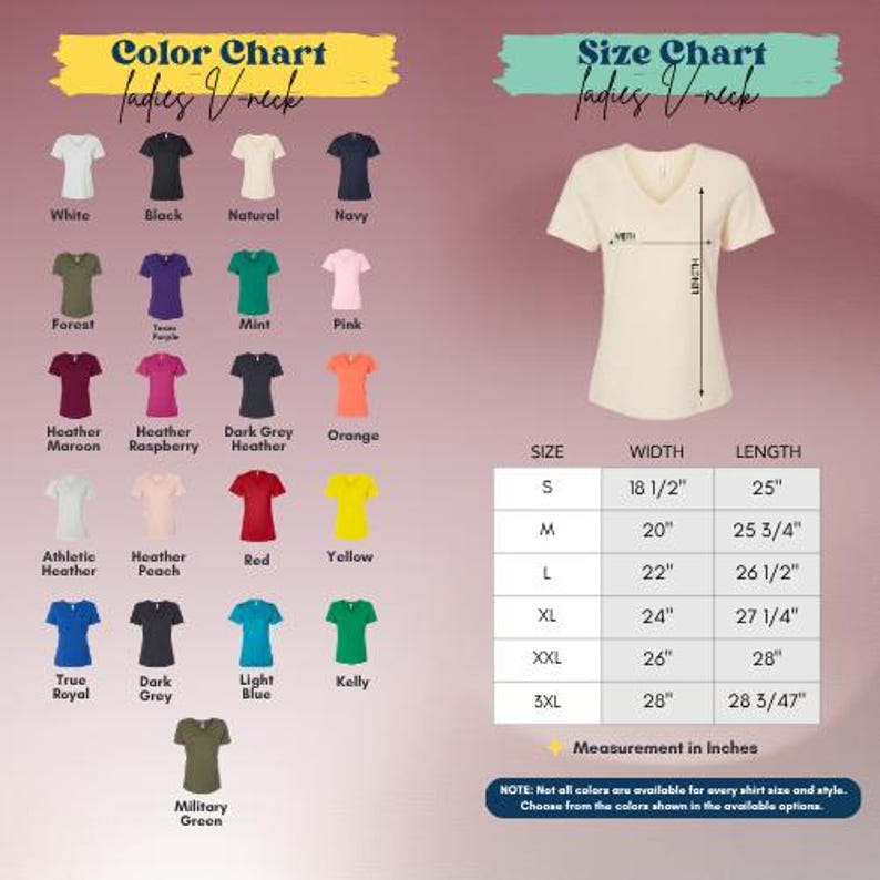 The image is a color chart and size chart for women's t-shirts, displaying various color options and corresponding measurements.