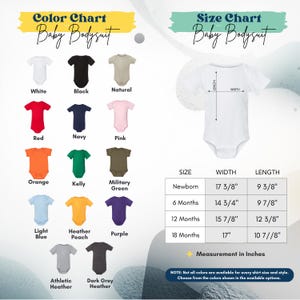The image is a color chart and size chart for baby bodysuits, displaying various color options and corresponding measurements for different age groups.