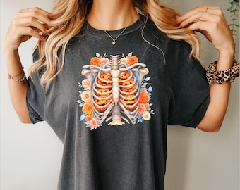 Floral Ribcage Pumpkins Comfort Colors T-Shirt, Boho Skeleton Shirt, Floral Halloween Tee, Fall Shirt, Spooky Season Tee