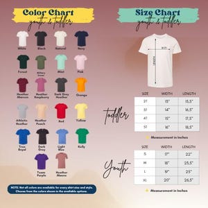 The image is a color chart and size chart for youth and toddler clothing, displaying various shirt colors and corresponding measurements for different age groups.