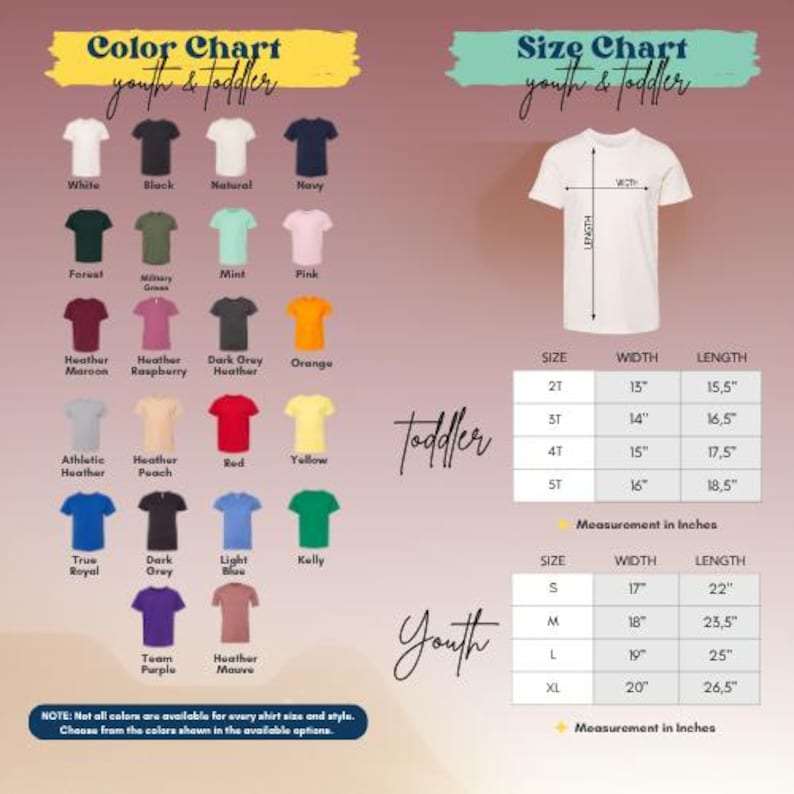 The image is a color chart and size chart for youth and toddler clothing, displaying various shirt colors and corresponding measurements for different age groups.
