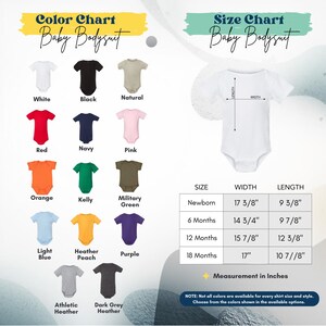 The image is a color chart and size chart for baby bodysuits, displaying various color options and corresponding measurements for different age groups.