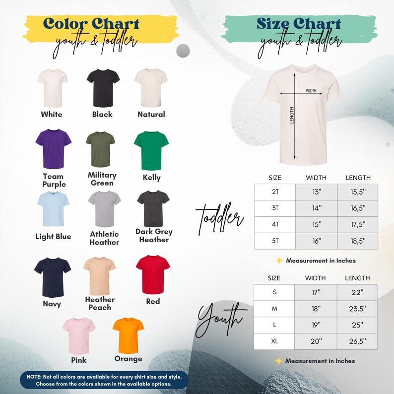 The image is a color chart and size chart for youth and toddler clothing, displaying various shirt colors and corresponding measurements for different age groups.
