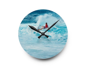 Surfer Vibes Acrylic Wall Clock - Beach Themed Home Decor, Ocean Lover Gift, Coastal Wall Art, Surfing Enthusiast Present, Beach House Clock