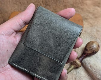 Minimalist Leather Flap Wallet - Handcrafted with Grey Italian Leather - Slim, Durable - Vertical Cardholder - Perfect Gift