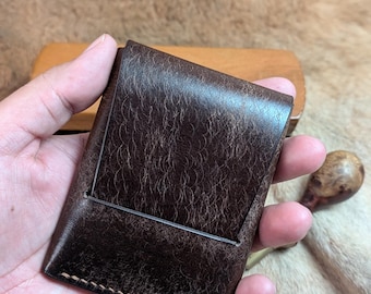 Handcrafted Dark Brown Leather Flap Wallet - Slim Vertical Cardholder