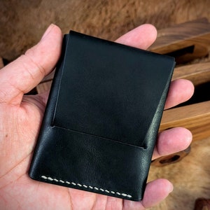 Minimalist Leather Flap Wallet - Handcrafted with Black Italian Leather - Slim, Durable - Vertical Cardholder - Perfect Gift