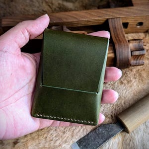 Minimalist Leather Flap Wallet - Handcrafted with Olive Green Italian Leather - Slim, Durable - Vertical Cardholder - Perfect Gift