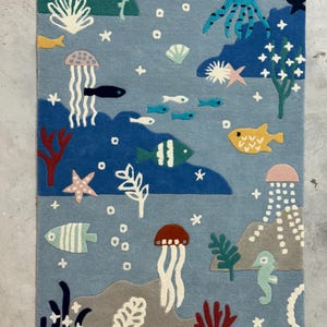 Tapete Under The Sea feito à mão 100% lã Tapete de área feito à mão para casa | Tapete de quarto | Tapete de sala de estar | Tapete infantil