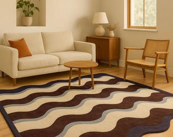 Handmade Wool Wavy Rug – Modern Abstract Brown & Beige Carpet