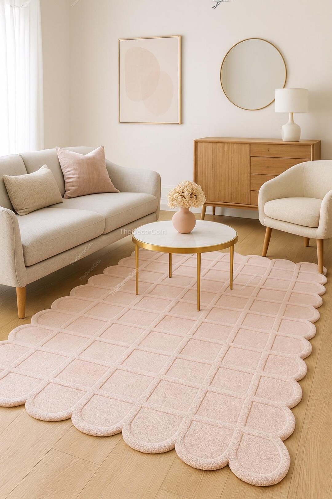 Soft Pink Scallop Edge Grid Rug – Handmade Modern Wool Carpet for ...