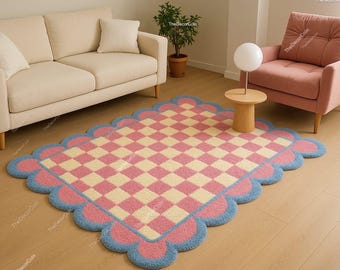 Handmade Tufted Checkerboard Rug: Retro Pink Scalloped Wool Blend, 10x14, 9x12 , 8x10 rug