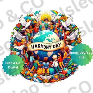 Harmony Day Digital Art - Kinderen over de hele wereld Print, Vrede en Liefde, Bloemen & Duiven Muurkunst - Multiculturele eenheid, PNG, SVG, JPEG