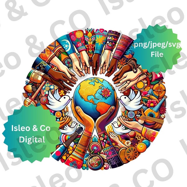 Art numérique Harmony Day - impression mains autour du monde, paix et amour, fleurs et colombes - unité multiculturelle, PNG, SVG, JPEG