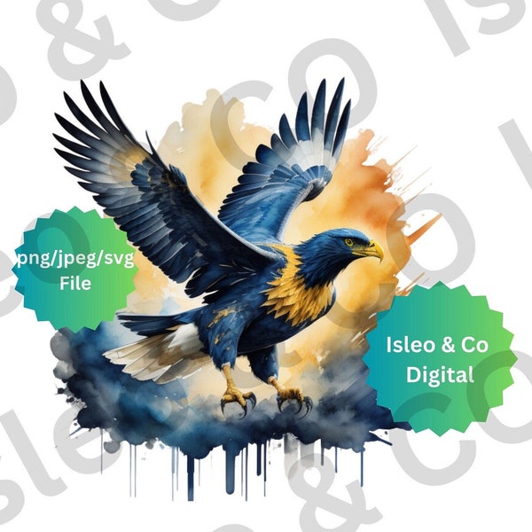 Majestic Flight: Instant Download Watercolor Art - Blue and Yellow Eagle Soaring, Inspired by West Coast Eagles, available in PNG, JPG, SVG