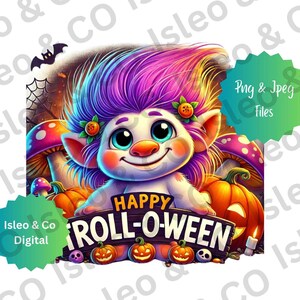 Immagine digitale di un simpatico troll giocoso, scena di Halloween "Happy Troll o Ween", troll paffuto con zucche, funghi spettrali, pipistrelli, file PNG e JPEG