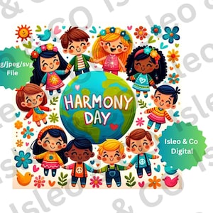 Harmony Day Digital Art - Kinderen over de hele wereld Print, Vrede en Liefde, Bloemen & Duiven Muurkunst - Multiculturele eenheid, PNG, SVG, JPEG