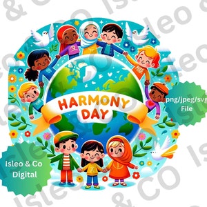 Harmony Day Digital Art - Kinderen over de hele wereld Print, Vrede en Liefde, Bloemen & Duiven Muurkunst - Multiculturele eenheid, PNG, SVG, JPEG