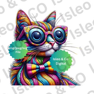 Chat funky psychédélique : art numérique coloré - SVG, PNG, JPEG, cartes, autocollants, T-shirts. Chat cool, fond transparent, téléchargement numérique