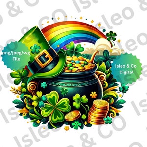Art de la Saint-Patrick - impression d'or et d'arc-en-ciel, chapeau de lutin et trèfles à quatre feuilles - décoration irlandaise, téléchargement immédiat, PNG, SVG, JPEG