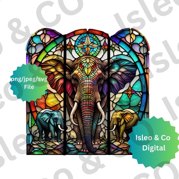 Eternal Bond: Instant Download Digital Stained Glass Print - Trio of Elephants, available in PNG, JPG, SVG Formats for Majestic Creations