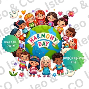 Arte digital del Día de la Armonía - Impresión de niños de todo el mundo, paz y amor, arte de pared de flores y palomas - Unidad multicultural, PNG, SVG, JPEG