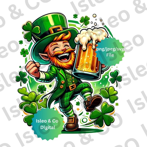 St. Patrick's Day Digital Art - Laughing Leprechaun with Beer Print - Irish Pub Decor, Irish Wall Art, Instant Download, PNG, SVG, JPEG