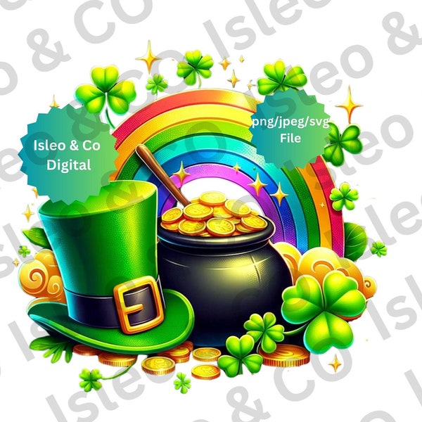 St. Patrick's Day Art- Pot of Gold & Rainbow Print, Leprechaun Hat and Four-Leaf Clovers - Irish Decor, Instant Download, PNG, SVG, JPEG