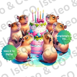 Art numérique de fête d'anniversaire Capybara - Capybaras mignons avec noeud rose et gâteau, PNG, JPG, fichiers SVG - décoration d'anniversaire fantaisiste, Coquette