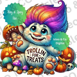Troll carino e giocoso PNG, scena di Halloween "Trollin for Treats", Troll paffuto con zucche, funghi carini, perfetto per progetti di Halloween