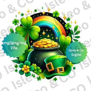 Art de la Saint-Patrick - impression d'or et d'arc-en-ciel, chapeau de lutin et trèfles à quatre feuilles - décoration irlandaise, téléchargement immédiat, PNG, SVG, JPEG