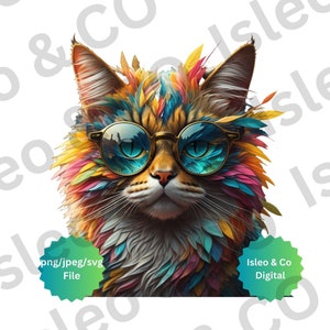 Multicolor Cat with Glasses - Digital Download Artwork for Cat Lovers - Vibrant Cat Illustration - Printable Cat Wall Decor - Cat Art Print