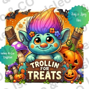 Troll fofo e brincalhão PNG, cena de Halloween "Trollin for Treats", Troll gordinho com abóboras, cogumelos fofos, perfeito para projetos de Halloween