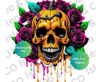 Ethereal Enchantment: Instant Download Pumpkin Skull & Purple Roses Art, Haunting Halloween Design,PNG, JPG, SVG for Your Mystical Creations