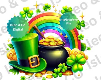 St. Patrick's Day Art- Pot of Gold & Rainbow Print, Leprechaun Hat and Four-Leaf Clovers - Irish Decor, Instant Download, PNG, SVG, JPEG