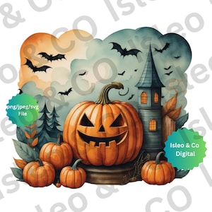 Delícia extravagante de Halloween: download instantâneo de arte digital em aquarela - Jack o &#39;Lantern, abóboras, morcegos, árvores e nuvens, PNG, JPG, SVG