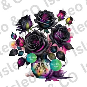 Fleurs élégantes : téléchargement instantané aquarelle Black Roses Design - Captivant Black Floral Art, PNG, JPG, SVG pour vos créations artistiques