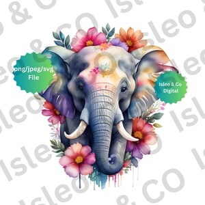May include: A watercolor illustration of an elephant's head with a floral crown. The elephant is painted in shades of blue and purple, with a pink and white floral crown around its head. The background is white.