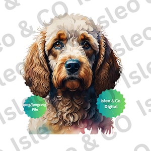 May include: A watercolor painting of a brown and white dog with curly fur. The dog is looking directly at the viewer. The background is a soft, watercolor wash of colors.