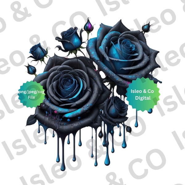 Ethereal Elegance: Instant Download Digital Art - Blue and Black Dripping Roses and Buds, PNG, JPG, SVG Formats for Enchanting Creations