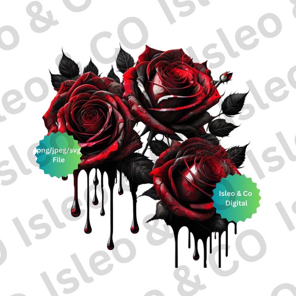 Dripping Black and Red Roses Collection digital | Digital Download  PNG jpeg and svg | Halloween Inspired Dripping Roses | Black & Red Roses