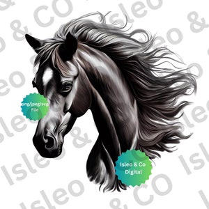 Paardensport Majesteit: Instant Download Digital Horse Art - Hoofd met vloeiende manen in PNG-, JPG- en SVG-formaten voor uw pittige creaties