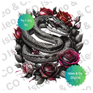 Cobra preta e cinza inspiradora com arquivo digital de rosas vermelhas e rosa | Download instantâneo | Arte da Natureza | Design floral de cobra | PNG,JPG