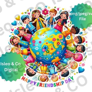 Internationale Vriendschapsdag Digitale Kunst – Multiculturele kinderen over de hele wereld met bloemen en harten – Hoogwaardige JPG, PNG, SVG