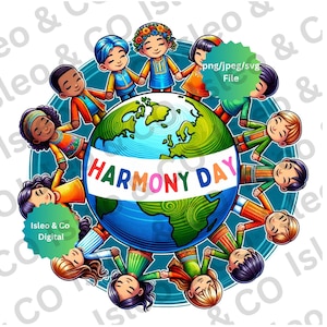 Harmony Day Digital Art - Children Around The Globe Print, Peace and Love, Flowers & Doves Wall Art - Multiculturele eenheid, PNG, SVG, JPEG