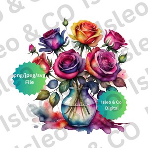 Fleurs élégantes : téléchargement instantané de conception de roses colorées à l’aquarelle, art floral coloré captivant, PNG, JPG, SVG pour vos créations artistiques