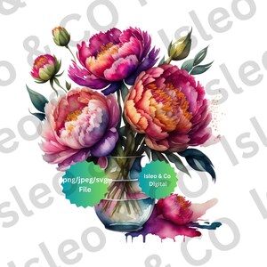 Fleurs de pivoines enchanteresses : téléchargement instantané aquarelle pivoines violettes/roses - art floral délicat, PNG, JPG, SVG pour vos créations artistiques