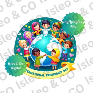 国際友情デー デジタルアート – 世界中の多文化の子供たちと花とハート – 高品質 JPG、PNG、SVG