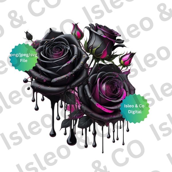 Black and Pink Dripping Roses Digital File | Instant Download | Gothic Floral Design | Dark Romance Art | PNG, JPG SVG | Stunning Black Rose